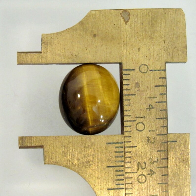 May include: A golden brown tiger's eye gemstone cabochon, measuring approximately 1.5 inches in diameter, is displayed in a metal caliper.
