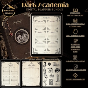 Op de afbeelding: Een Dark Academia digitale plannerbundel met een bruine boekomslag met een ronde illustratie, een tablet met een toekomstlogboek, en extra pagina's voor weekplanning en vision boards, inclusief antieke stickers en iconen.