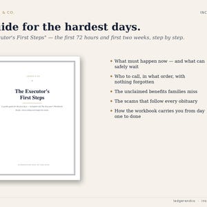May include: A digital guide titled The Executor's First Steps, featuring a minimalist white cover with black text. The document outlines a step-by-step process for the first 72 hours and two weeks, including lists of tasks, contacts, and common scams.