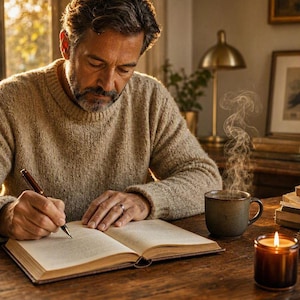 May include: A person wearing a beige knit jumper writes in an open book with a dark pen. On the wooden table sits a steaming mug, a lit candle in a glass jar, a stack of books, and a bundle of dried lavender, all illuminated by warm light.