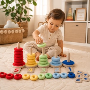 May include: A set of five crocheted stacking towers with wooden posts, featuring rings in red, yellow, light green, light blue, and dark blue. Each tower base has a corresponding number from 1 to 5, with additional loose rings and math symbols.