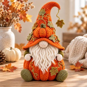 Peut inclure: Une figurine de gnome au crochet avec un grand chapeau pointu orange orné de petites feuilles vertes et d'une citrouille centrale. Le gnome possède une longue barbe en laine blanche, un nez rond et un corps en forme de citrouille avec des feuilles.