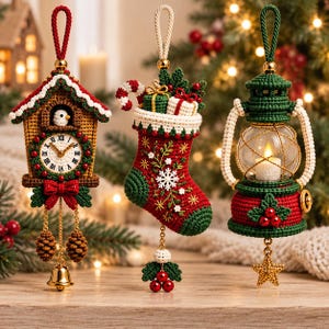 Christmas Crochet Ornament Pattern Bundle, Cuckoo Clock Stocking Lantern Trio, Holiday Hanging Decor, Christmas DIY PDF Pattern