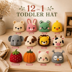 Può includere: Dodici cappellini all'uncinetto per bambini piccoli con disegni di animali e frutta, tra cui orso, coniglio, rana, pulcino, elefante, cucciolo, leone, mucca, fragola, zucca, gatto e gufo. Ogni cappello ha dettagli unici e etichette di testo.