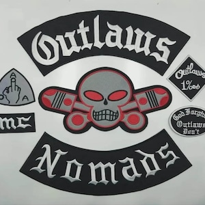 Outlaws MC Nomads Skull and Pistons Helryggsmärke Set – Broderade Bikervästemblem