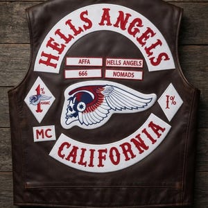 May include: A dark brown leather waistcoat featuring embroidered patches on the back. The patches include the text HELLS ANGELS, CALIFORNIA, AFFA, 666, HELLS ANGELS, NOMADS, and MC, along with a winged skull emblem and two diamond-shaped 1% patches.