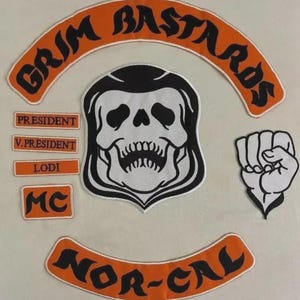 Conjunto de patches Grim Bastards MC – Aplique de caveira laranja e preta para colete de motociclista