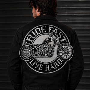 Parche bordado para motocicleta chopper "Ride Fast Live Hard" – Aplicación bordada para chaleco o chaqueta de motociclista