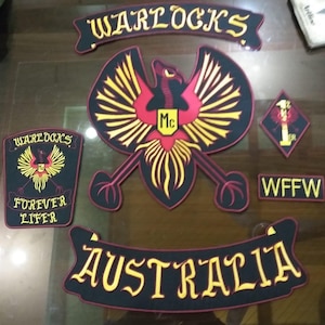Warlocks MC Australia Back Patch Set | Embroidered Motorcycle Club Rocker Patch | Large Biker Jacket Vest Patch | Custom Embroidery