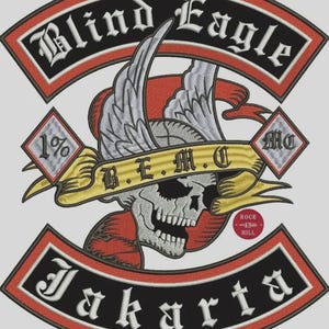 May include: An embroidered patch featuring a skull with wings, a yellow banner with the text B.E.M.C., and black curved banners reading Blind Eagle and Jakarta. The design includes red borders, white accents, and small diamond shapes with 1% and MC.