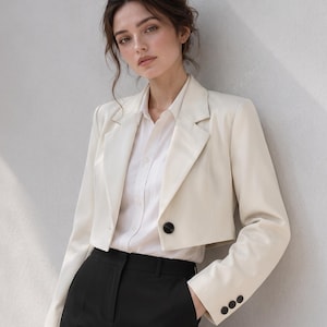 Puede incluir: Una chaqueta corta de color crema con un solo botón negro grande en la parte delantera y tres botones negros más pequeños en cada puño. La chaqueta se lleva sobre una camisa blanca de cuello abotonado combinada con pantalones negros.