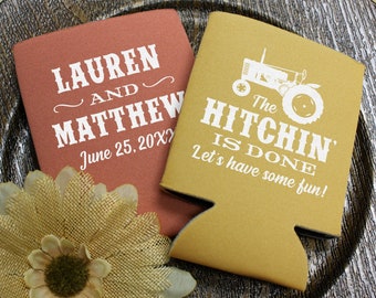 Personalized Tractor Can Coolers: The Hitchin' Is Done Wedding Favors