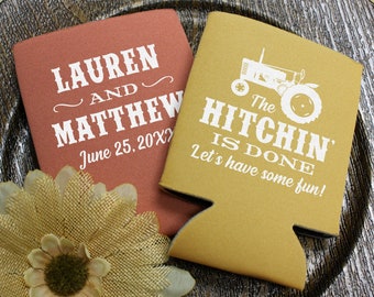 Tractor Wedding Can Cooler, The Hitchin' Is Done, Let's Have Some Fun, Country Wedding Favors, Farm Wedding Can Coolers