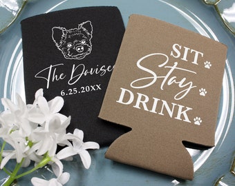 Dog Wedding Can Coolers, Custom Dog Illustration, Personalized Can Coolers, Sit Stay Drink Can Coolers