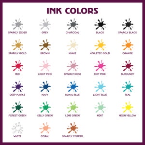 May include: A chart showing 20 different ink colors with their names. The colors are arranged in a grid with five columns and four rows. The colors include sparkly silver, grey, charcoal, black, sparkly black, sparkly gold, brown, khaki, athletic gold, orange, red, light pink, sparkly rose, hot pink, burgundy, deep purple, navy, royal blue, light blue, teal, forest green, kelly green, lime green, mint, neon yellow, white, coral, and sparkly copper.