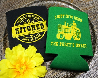 Tractor Wedding Can Cooler, Shift Into Gear the Party's Here, Country Wedding Favors, Farm Wedding Can Coolers, Tractor Wedding Favors