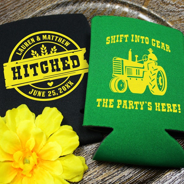 Tractor Wedding Can Cooler, Shift Into Gear the Party's Here, Country Wedding Favors, Farm Wedding Can Coolers, Tractor Wedding Favors