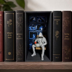 Op de afbeelding: Een boekenplank-diorama met een grijze figuur met capuchon die op een stoel zit en een rode roos vasthoudt. De achtergrond toont een muur van blauwachtige schermen met diverse scènes. Het diorama staat tussen zwarte boeken met gouden letters.