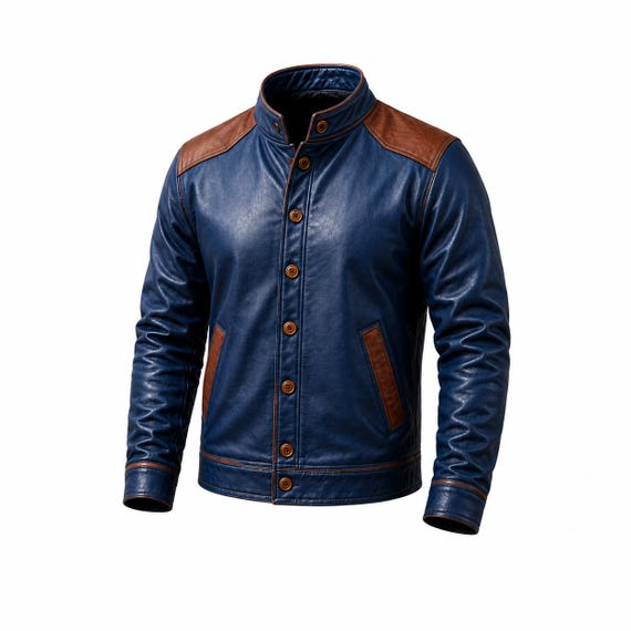 Men's Genuine Leather Jacket Navy Blue Brown Two Tone Stand Collar Button Front