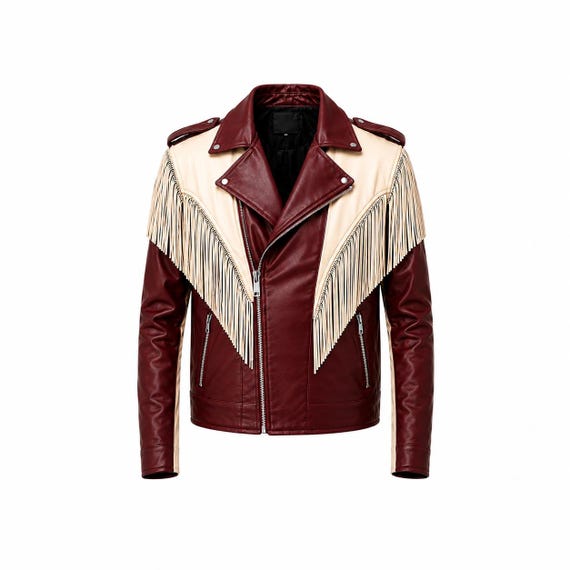 Burgundy Cream Leather Fringe Biker Jacket, Two-Tone Motorcycle Western Punk Rock