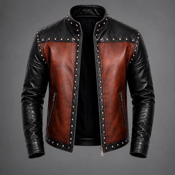 Men's Two-Tone Studded Leather Biker Jacket, Black Brown Motorcycle Moto Handmade
