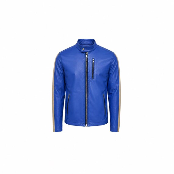 Aurevyn Genuine Leather Blue Biker Jacket | Men's Motorcycle Cafe Racer Coat