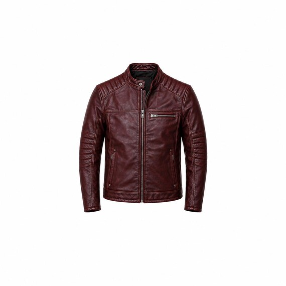 Men's Burgundy Genuine Leather Biker Jacket, Cafe Racer Motorcycle Coat