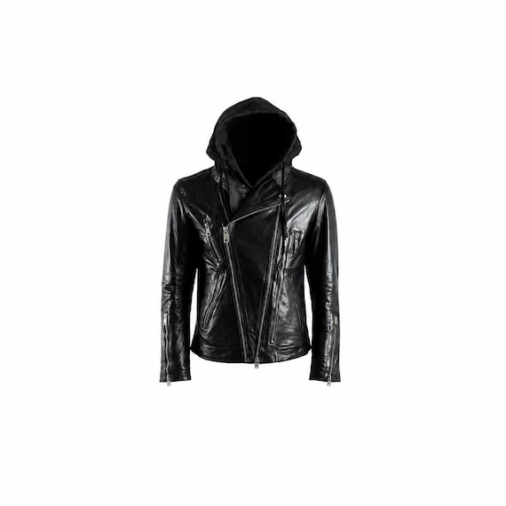 Black Leather Hooded Biker Jacket | Asymmetrical Zip Slim Fit Streetwear Coat