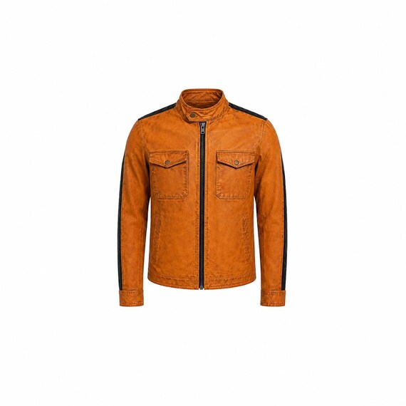 Men's Genuine Leather Cafe Racer Jacket | Tan Brown Biker Motorcycle Coat