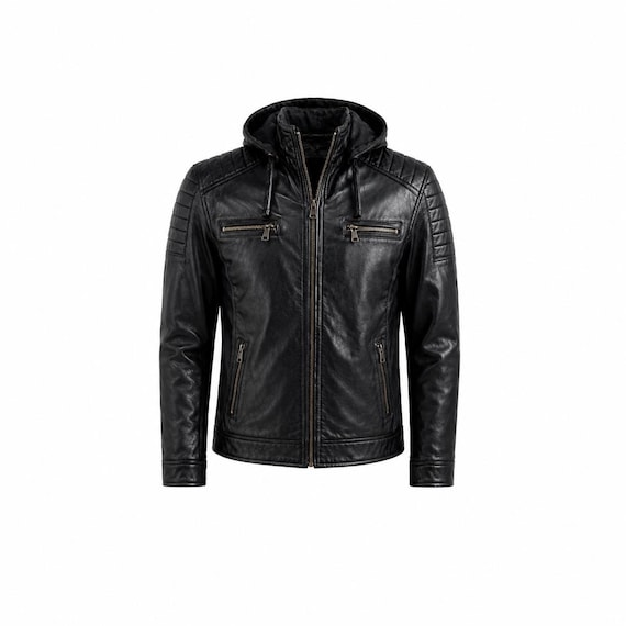 Men's Black Genuine Leather Hooded Biker Jacket | Removable Hood Winter Coat