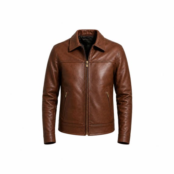 Men's Brown Genuine Leather Jacket, Classic Zip Up Coat, Vintage Style Riding Apparel