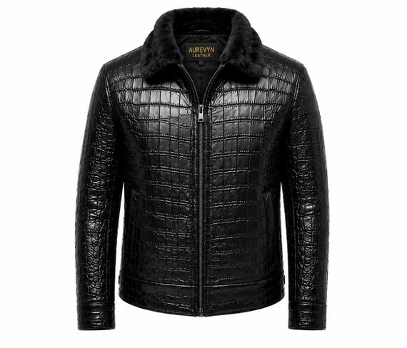 AUREVYN Black Croc Embossed Leather Jacket, Fur Collar Biker Style