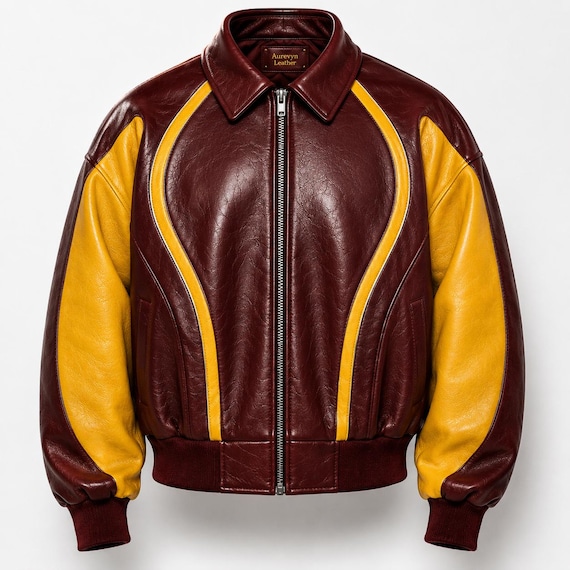 Aurevyn Leather Burgundy Gold Racing Bomber Jacket, Vintage Motorsport Style
