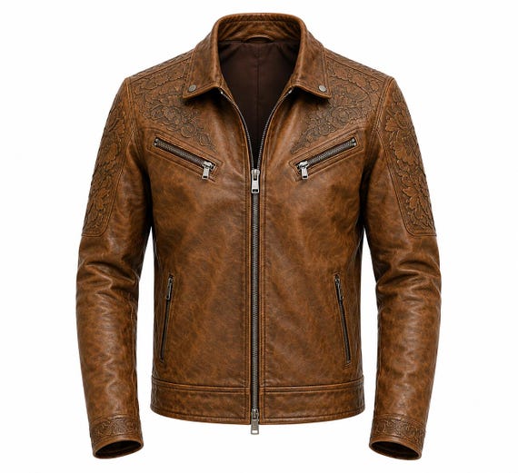 Men's Brown Genuine Leather Biker Jacket | Embossed Floral Casual Fashion Coat