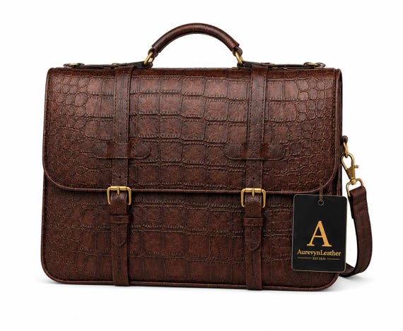 AurevynLeather Brown Crocodile Embossed Leather Briefcase Laptop Bag with Shoulder Strap
