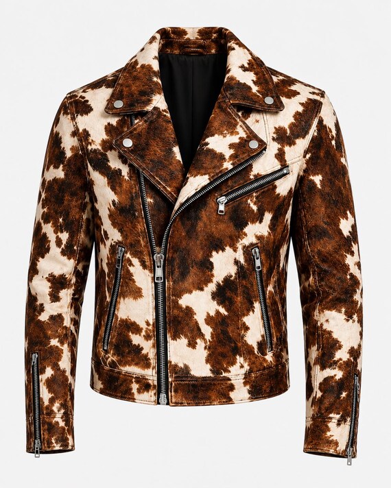 Men's Brown White Cowhide Leather Biker Jacket | Handmade Motorcycle Western Style