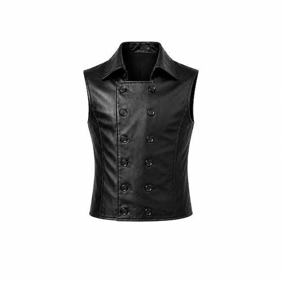 Men's Black Genuine Leather Double Breasted Vest | Biker Motorcycle Waistcoat