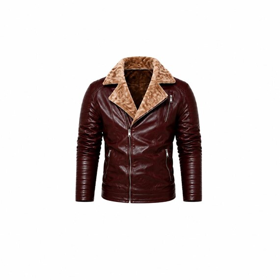 Men's Burgundy Faux Leather Shearling Biker Jacket | Warm Zip Moto Coat