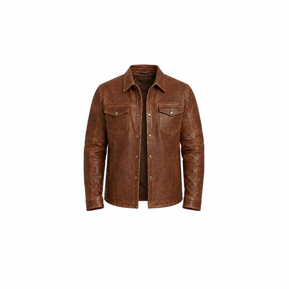 Men's Brown Genuine Leather Shirt Jacket | Handmade Button Front Casual Motorcycle Apparel