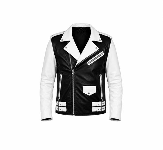 Men's Black & White Leather Biker Jacket: Asymmetrical Zip Moto Style