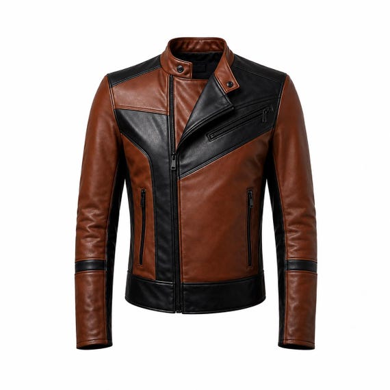 Aurevyn Brown Black Genuine Leather Biker Jacket Men's Moto