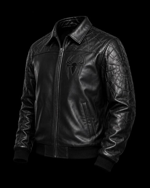 Men's Black Embossed Spider Web Leather Bomber Jacket, Gothic Biker Style