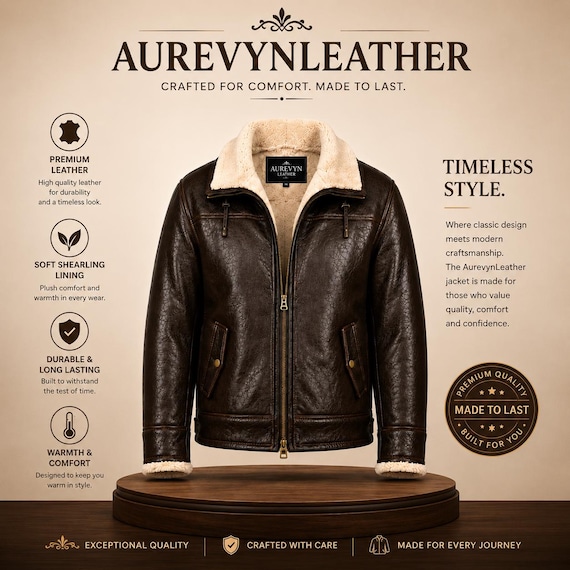 AurevynLeather Brown Shearling Leather Jacket – Men’s Aviator Winter Jacket