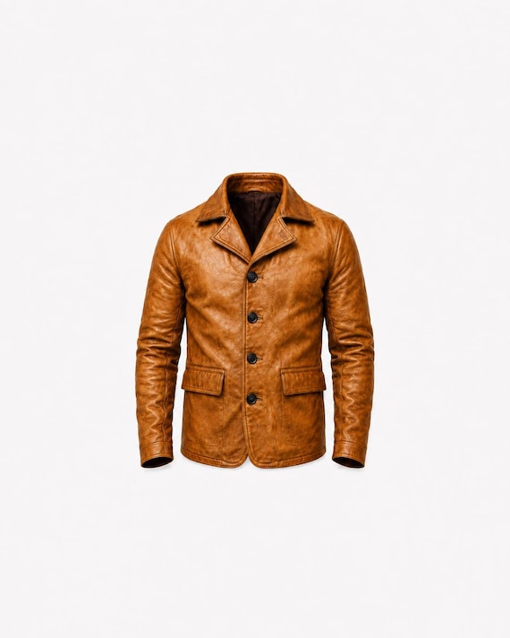 Men's Cognac Brown Leather Blazer Jacket, Vintage Style Button Front Coat