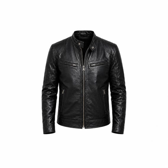 Men's Genuine Leather Cafe Racer Jacket, Black Biker Motorcycle Coat