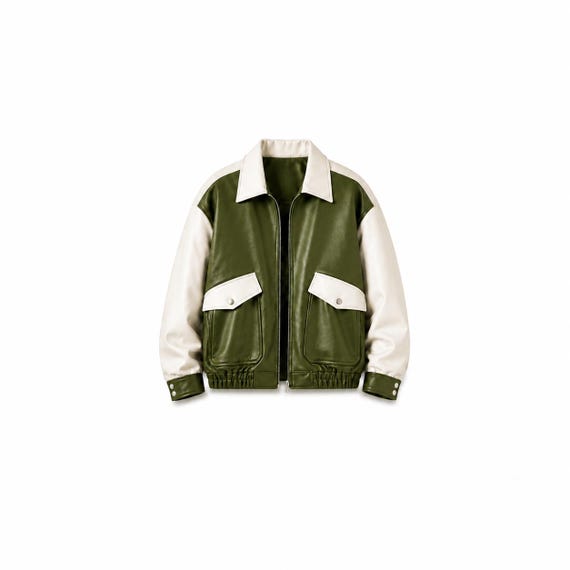 Men's Olive Green Faux Leather Varsity Bomber Jacket – Two-Tone Zip-Up Style