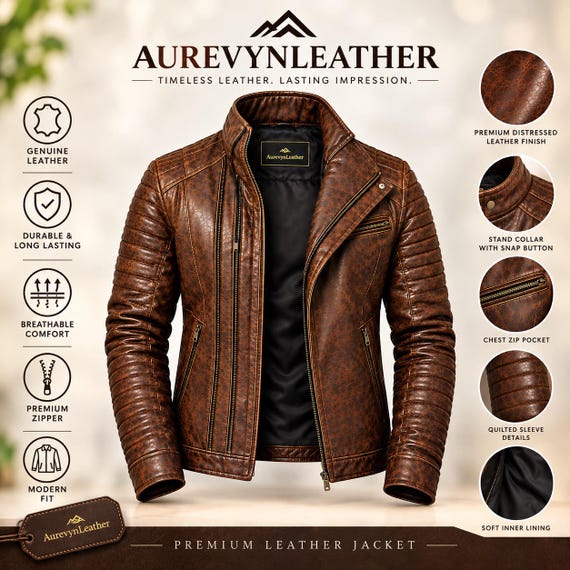 Men's Distressed Brown Leather Biker Jacket, Vintage Style, Moto Jacket