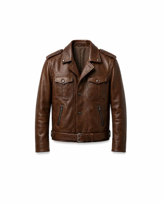 Men's Brown Genuine Leather Field Jacket, Military Style Coat, Belted Detail