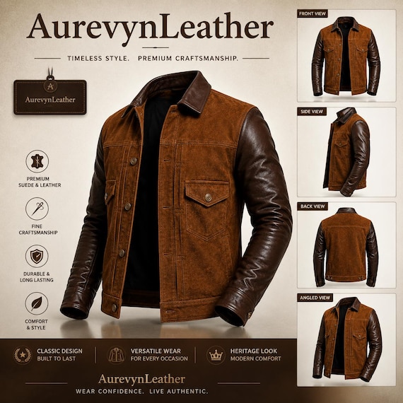 Men's Brown Suede Leather Trucker Jacket, Vintage Style Outerwear