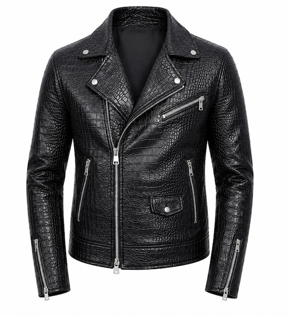 Men's Black Crocodile Embossed Leather Biker Jacket | Handmade Motorcycle Fashion Coat
